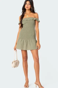 Off Shoulder Scrunched Linen Look Mini Dress