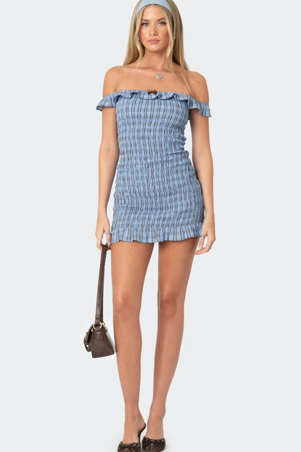 Off Shoulder Scrunched Plaid Mini Dress