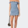 Off Shoulder Scrunched Plaid Mini Dress