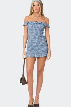 Off Shoulder Scrunched Plaid Mini Dress