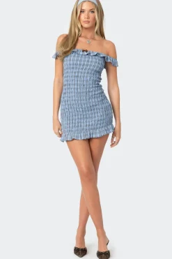 Off Shoulder Scrunched Plaid Mini Dress
