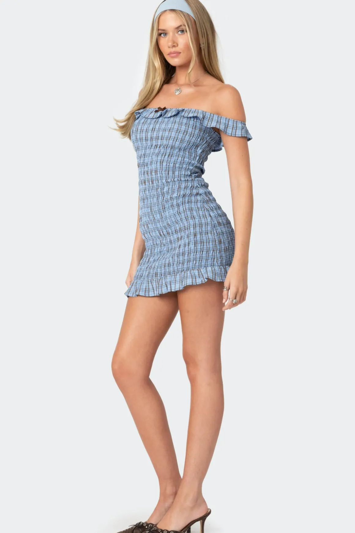 Off Shoulder Scrunched Plaid Mini Dress