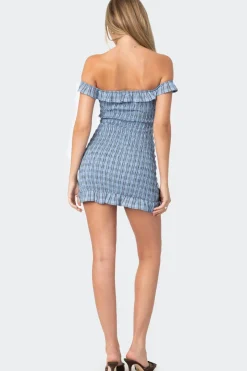 Off Shoulder Scrunched Plaid Mini Dress