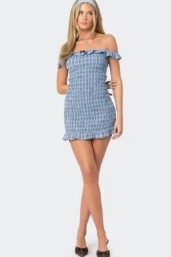Off Shoulder Scrunched Plaid Mini Dress