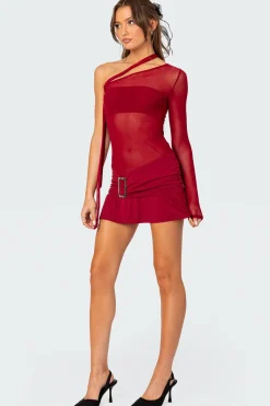 One Shoulder Sheer Mesh Mini Dress
