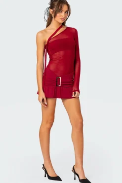 One Shoulder Sheer Mesh Mini Dress