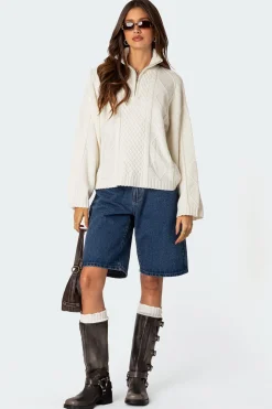 Oversized Quarter Zip Cable Knit Sweater