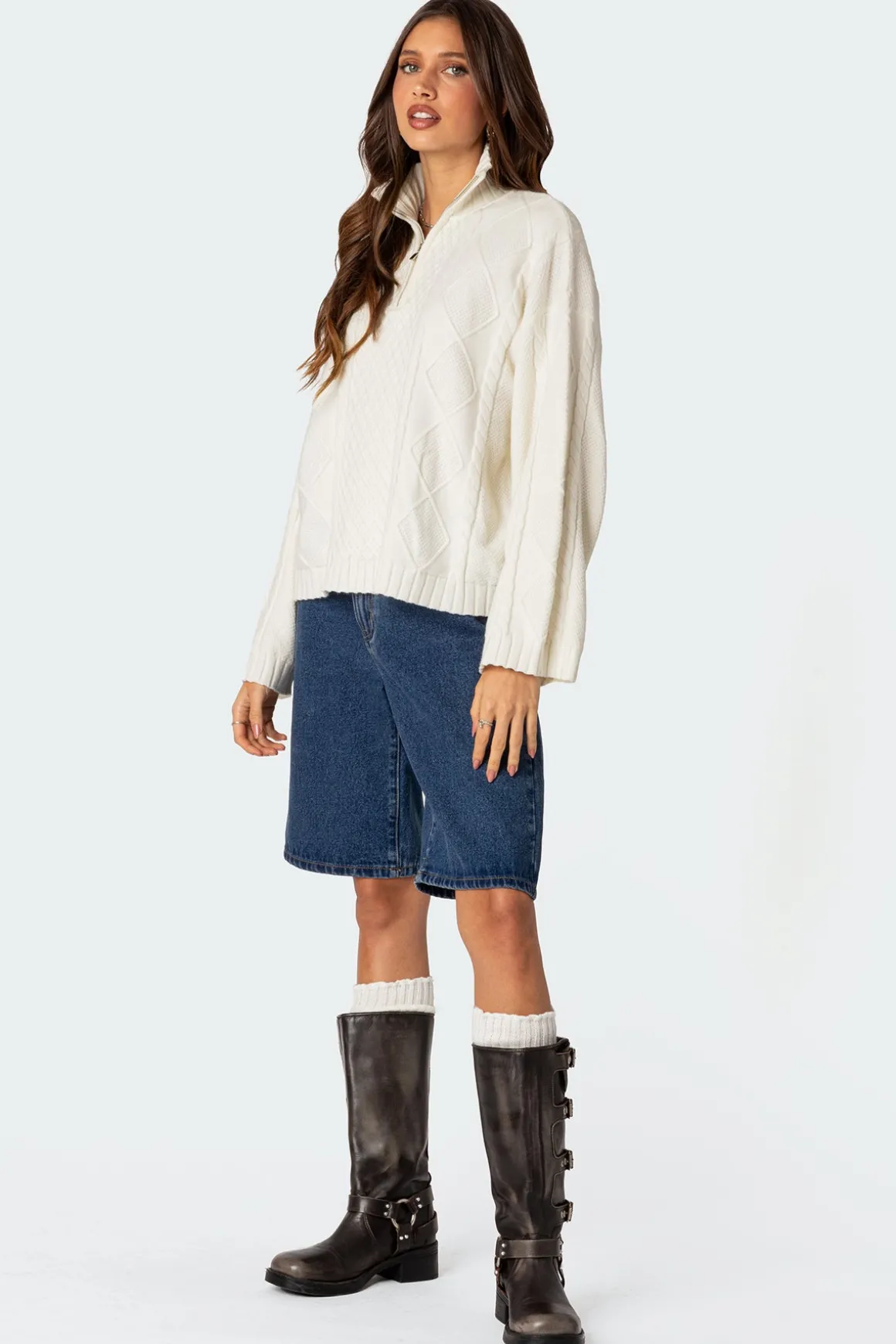Oversized Quarter Zip Cable Knit Sweater