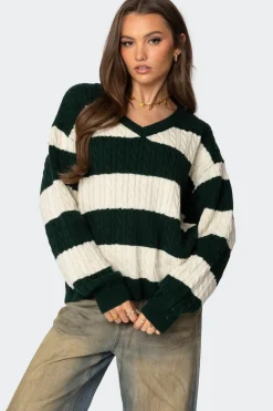 Oversized Striped Cable Knit Sweater