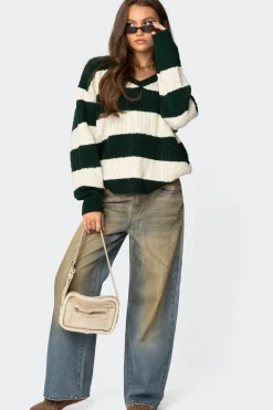 Oversized Striped Cable Knit Sweater