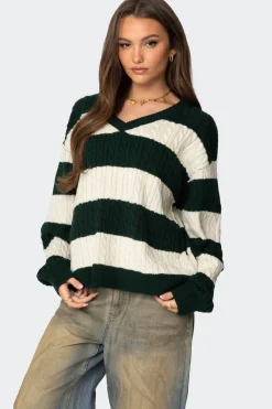 Oversized Striped Cable Knit Sweater
