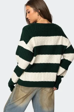 Oversized Striped Cable Knit Sweater