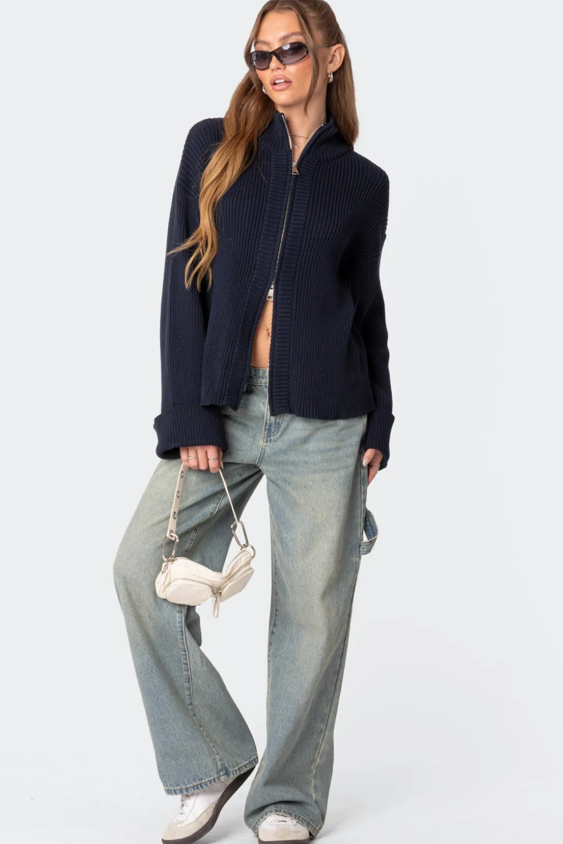 Oversized Zip Up Turtle Neck Cardigan
