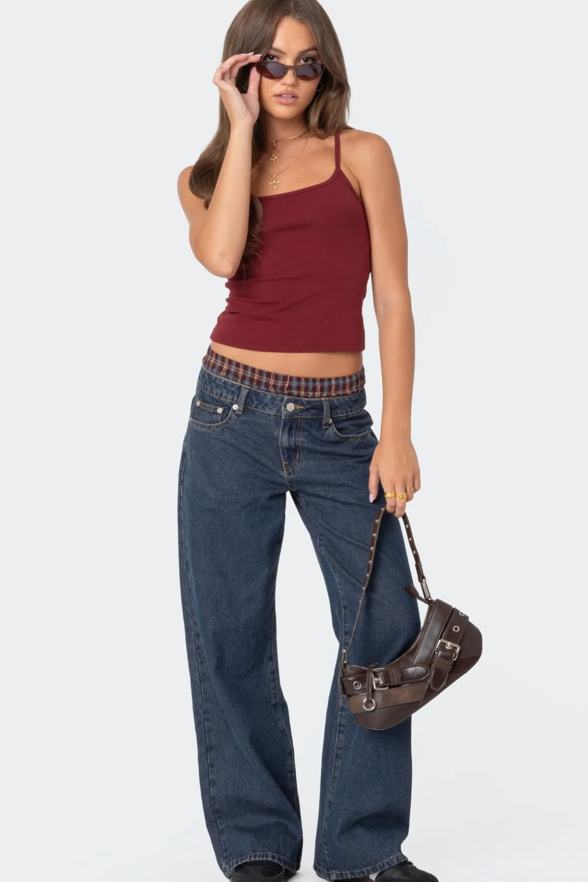 Plaid Boxer Detail Relaxed Jeans