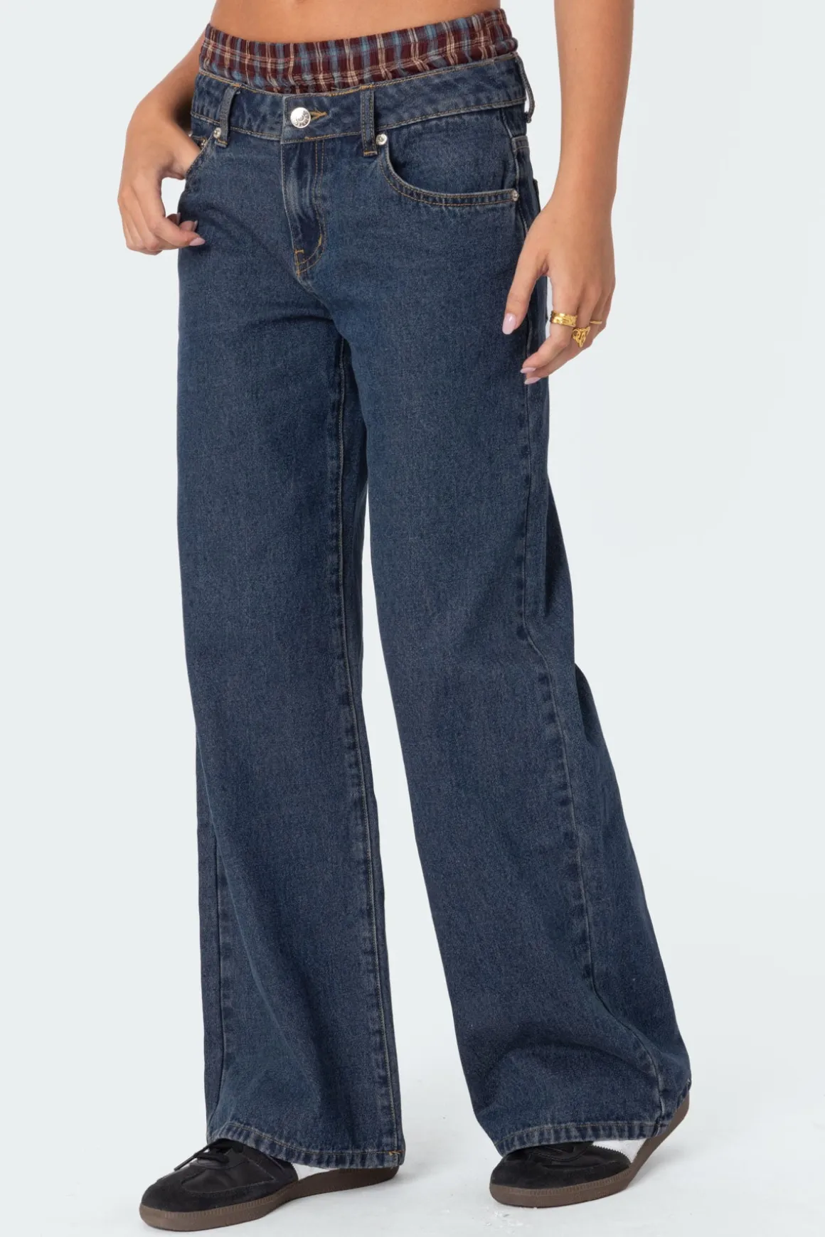 Plaid Boxer Detail Relaxed Jeans