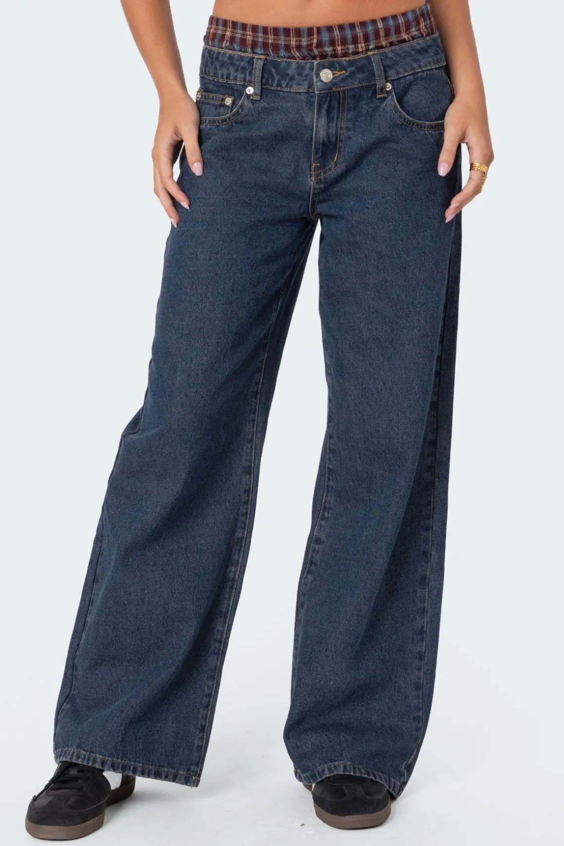 Plaid Boxer Detail Relaxed Jeans