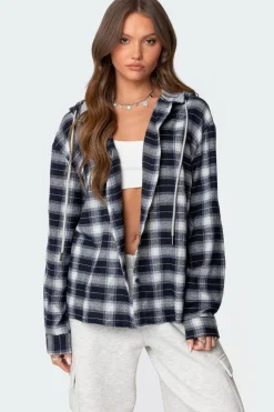 Plaid Hooded Button Up Shirt