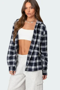 Plaid Hooded Button Up Shirt