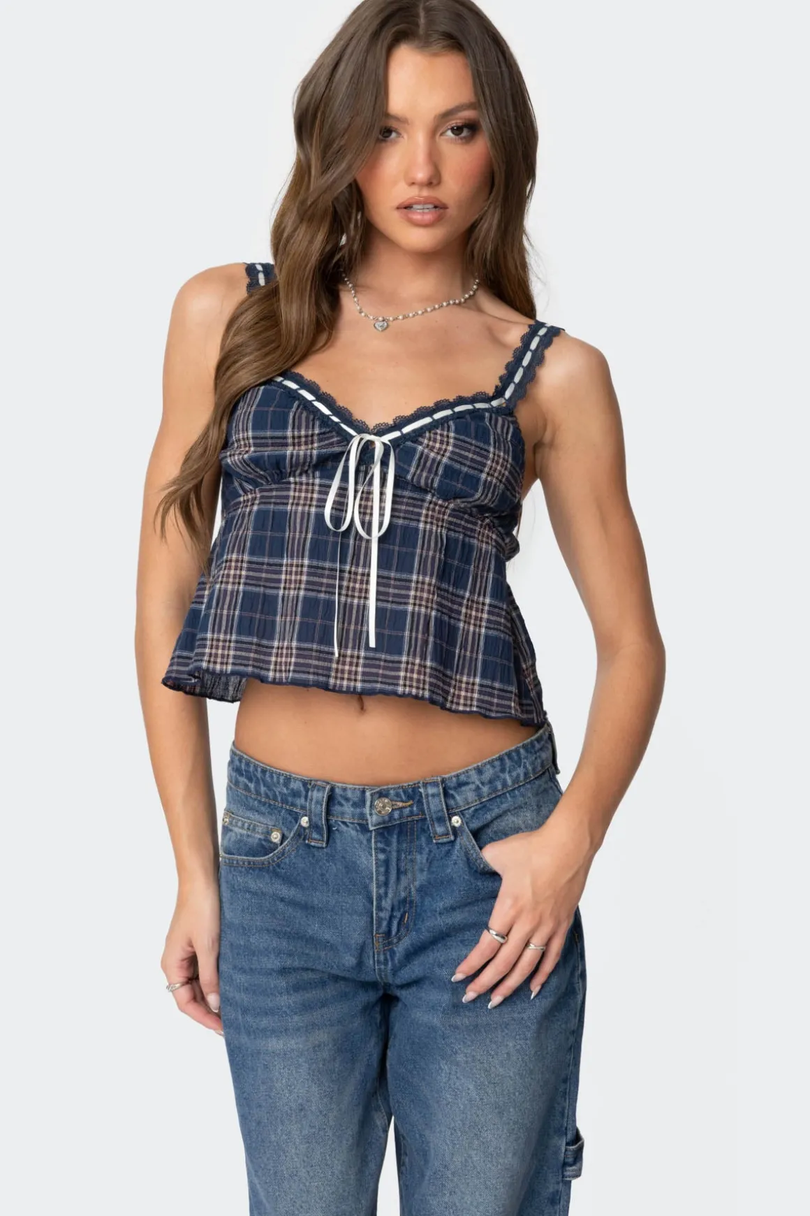 Plaid Lace Trim Tank Top