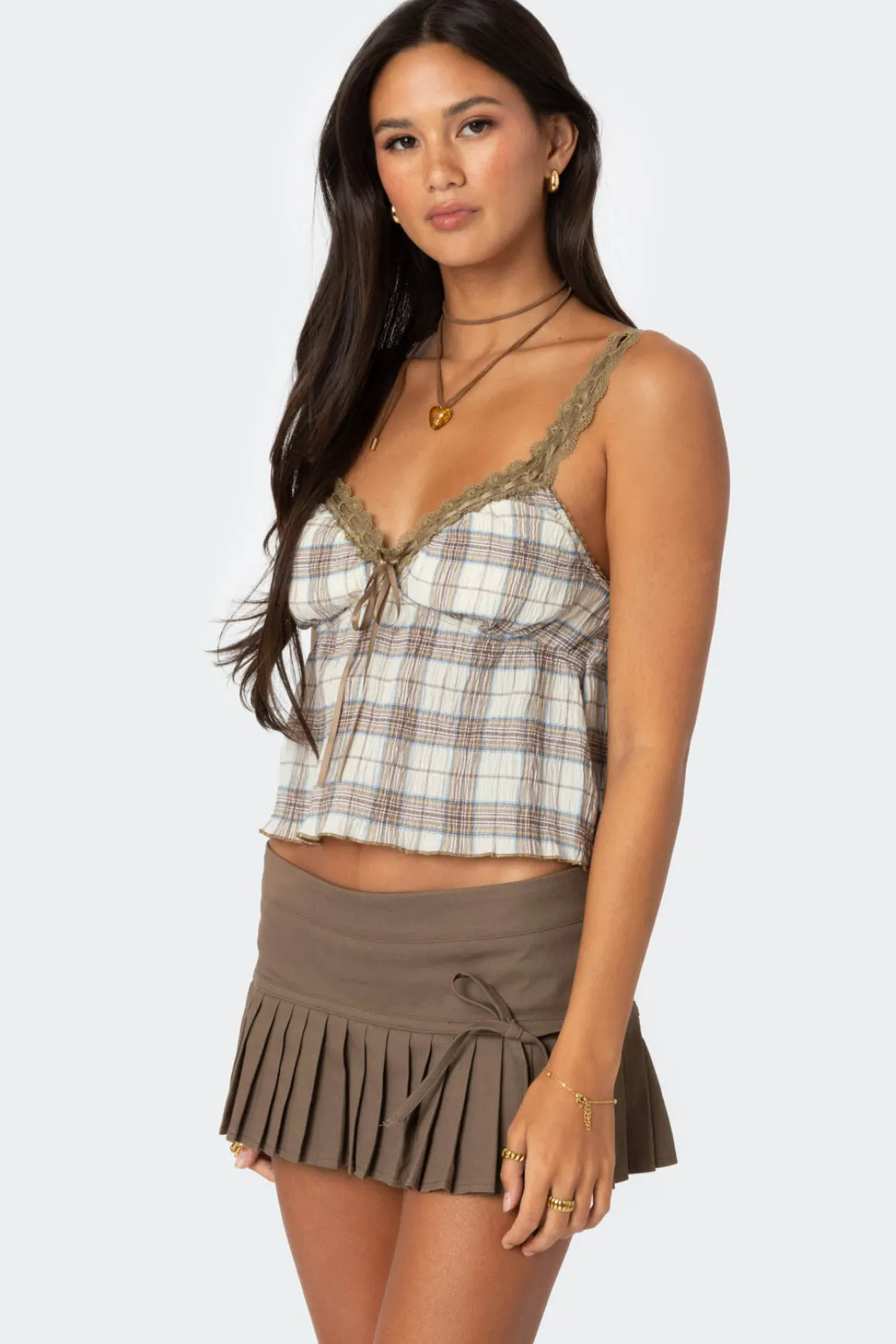 Plaid Lace Trim Tank Top