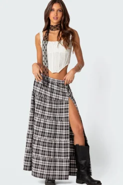 Plaid Side Slit Tiered Maxi Skirt