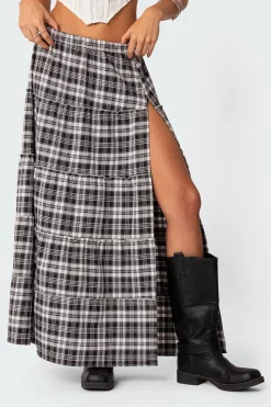 Plaid Side Slit Tiered Maxi Skirt