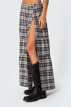 Plaid Side Slit Tiered Maxi Skirt