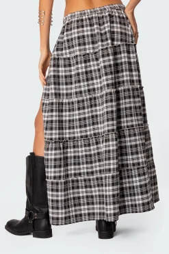 Plaid Side Slit Tiered Maxi Skirt
