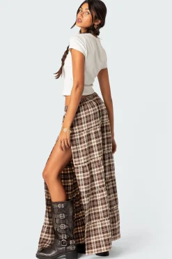 Plaid Side Slit Tiered Maxi Skirt