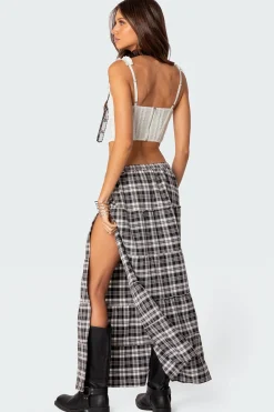 Plaid Side Slit Tiered Maxi Skirt