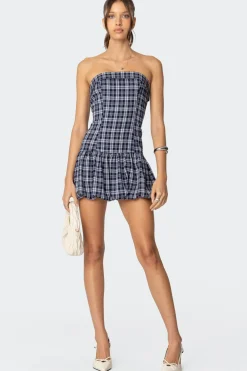 Plaid Strapless Bubble Mini Dress