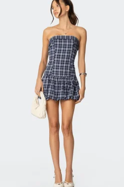 Plaid Strapless Bubble Mini Dress