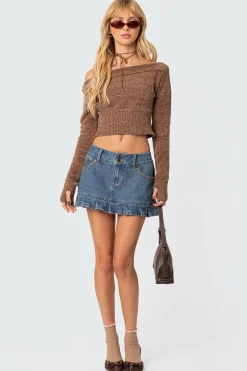 Pleated Hem Washed Denim Mini Skirt