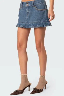 Pleated Hem Washed Denim Mini Skirt