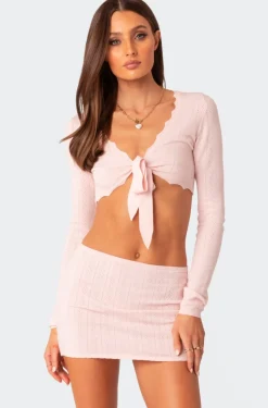 Pointelle Tie Front Knit Crop Top