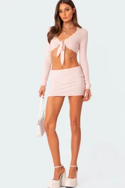 Pointelle Tie Front Knit Crop Top