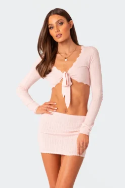 Pointelle Tie Front Knit Crop Top