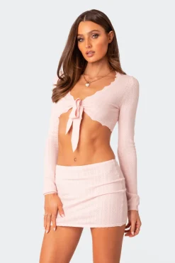 Pointelle Tie Front Knit Crop Top