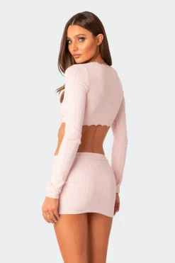 Pointelle Tie Front Knit Crop Top