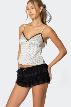 Polka Dot Satin Lace Trim Top