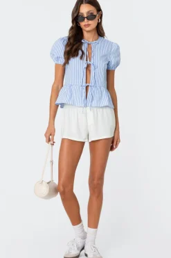 Puffed Sleeve Tie Front Top