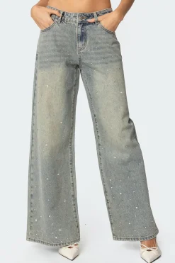 Rhinestone Low Rise Washed Jeans