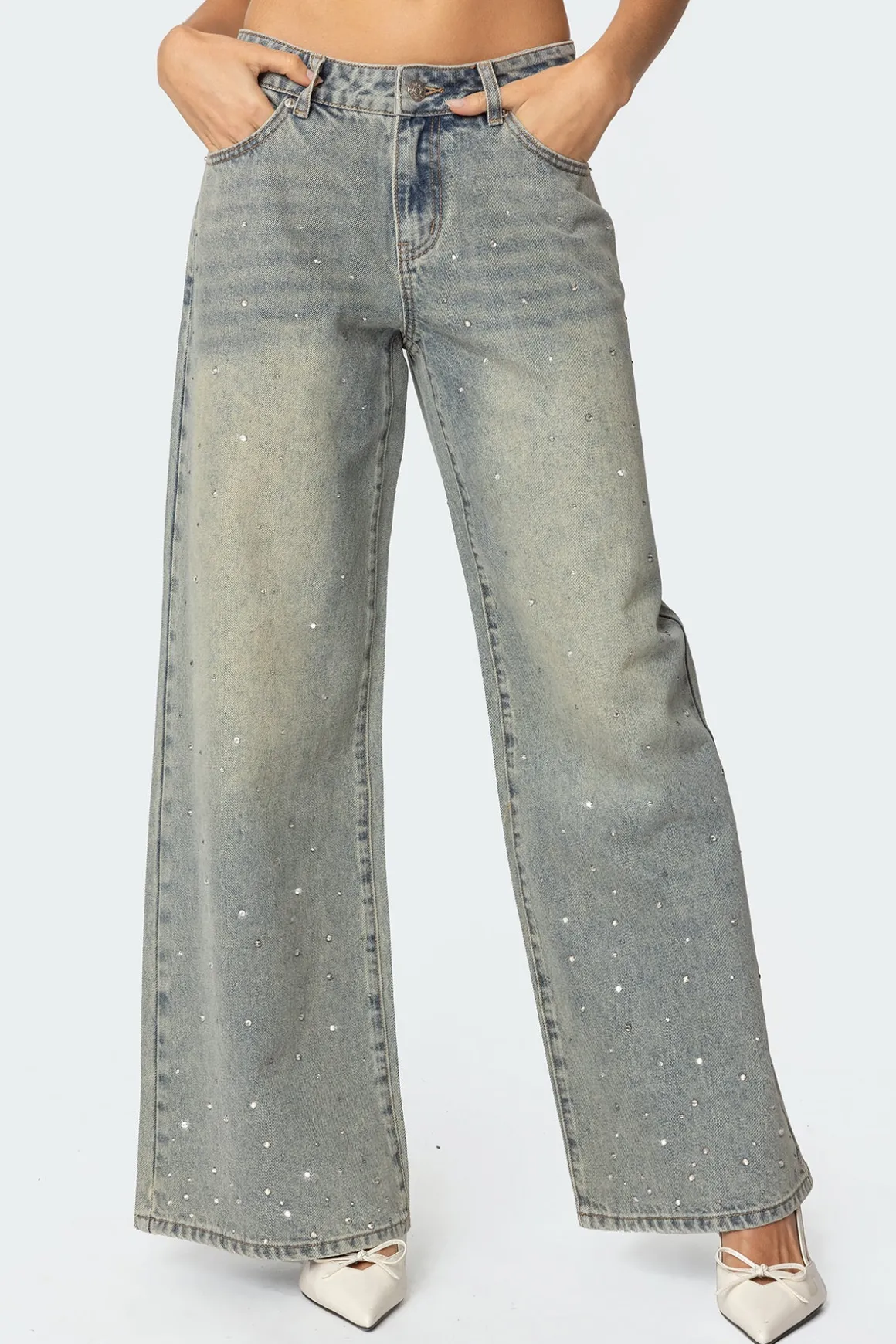 Rhinestone Low Rise Washed Jeans