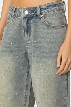 Rhinestone Low Rise Washed Jeans
