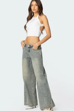 Rhinestone Low Rise Washed Jeans