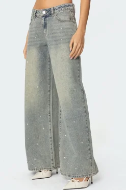 Rhinestone Low Rise Washed Jeans