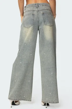 Rhinestone Low Rise Washed Jeans