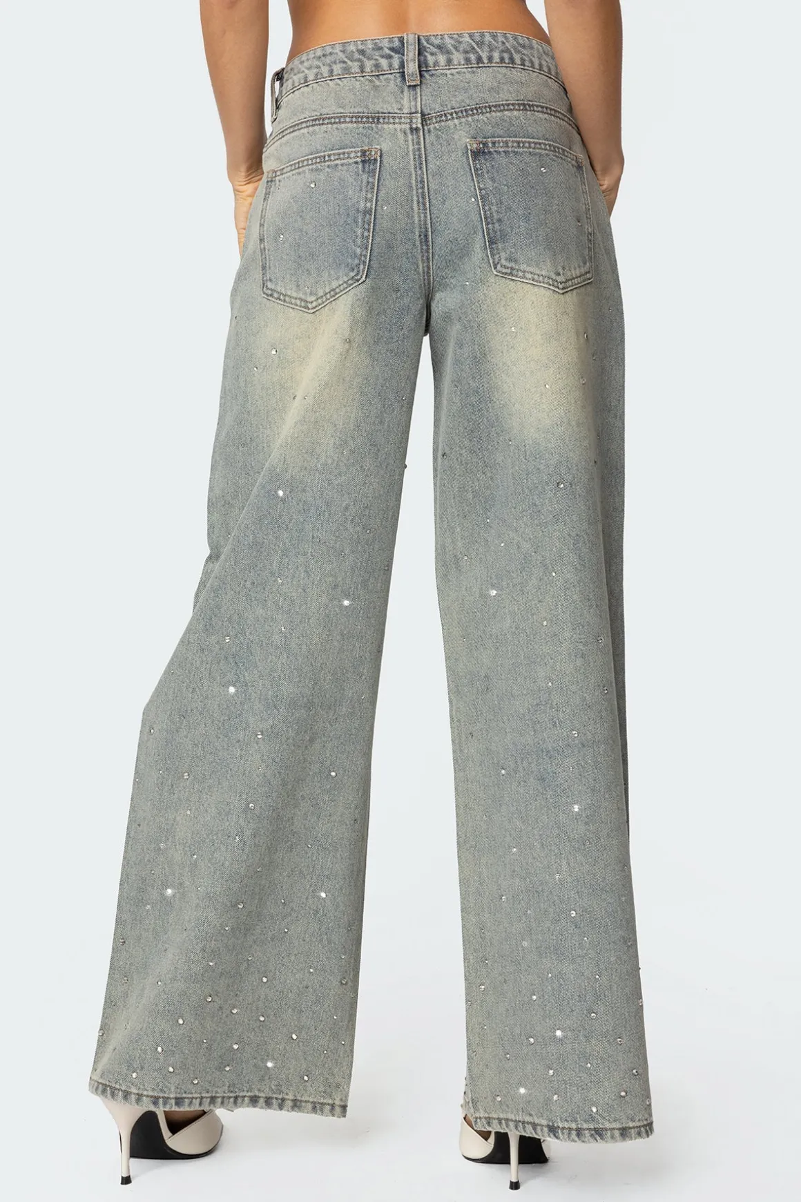 Rhinestone Low Rise Washed Jeans