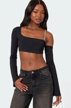 Rhinestone Strap Asymmetric Crop Top