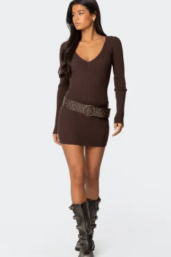 Ribbed Knit V Neck Mini Dress
